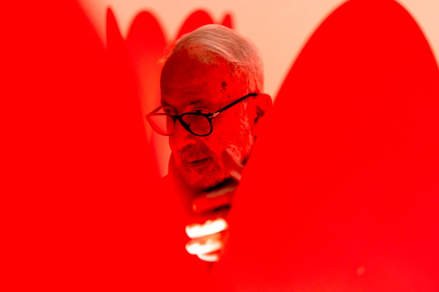 A participant seen through the red petals of the installation