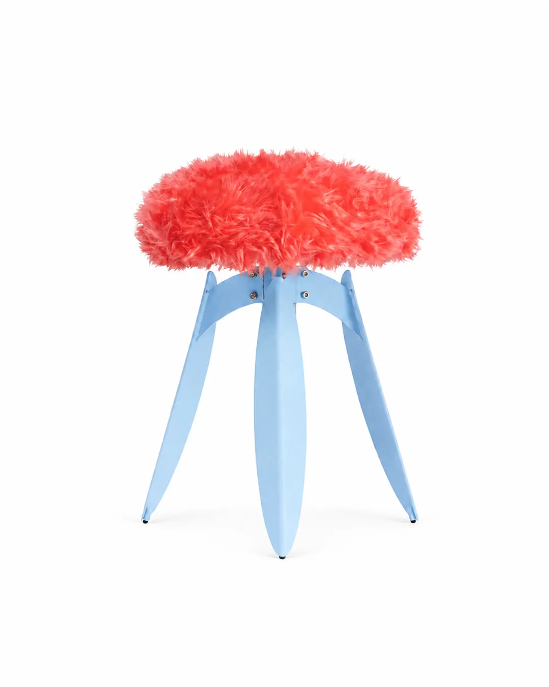 The Fur Edition — a coral shag seat on pale blue leaf-bent legs